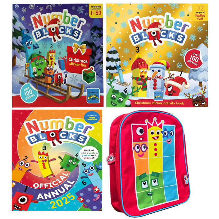 Numberblocks Christmas Collection 3 Books Set and A Children's Nursery Red Schoolbag for Boys & Girls- Ages 1-7 - Paperback/Hardback 5-7 Sweet Cherry Publishing