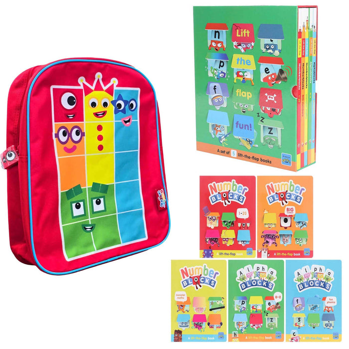 Numberblocks And Alphablocks Lift-The-Flap 5 Books & Numberblocks Red Backpack- Ages 1-7 - Board Book 5-7 Sweet Cherry Publishing