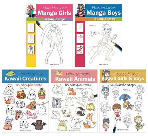 How to Draw Series: Manga Girls, Manga Boys, Kawaii Animals, Kawaii Girls and Boys & Kawaii Creatures 5 Books Collection Set - Non Fiction - Paperback Non-Fiction Search Press Ltd