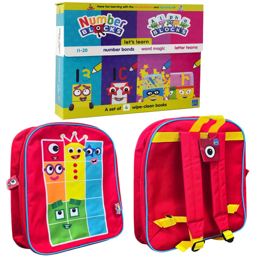 Numberblocks And Alphablocks Wipe Clean 4 Books & Numberblocks Red Backpack - Ages 1-7 - Board Book 5-7 Sweet Cherry Publishing