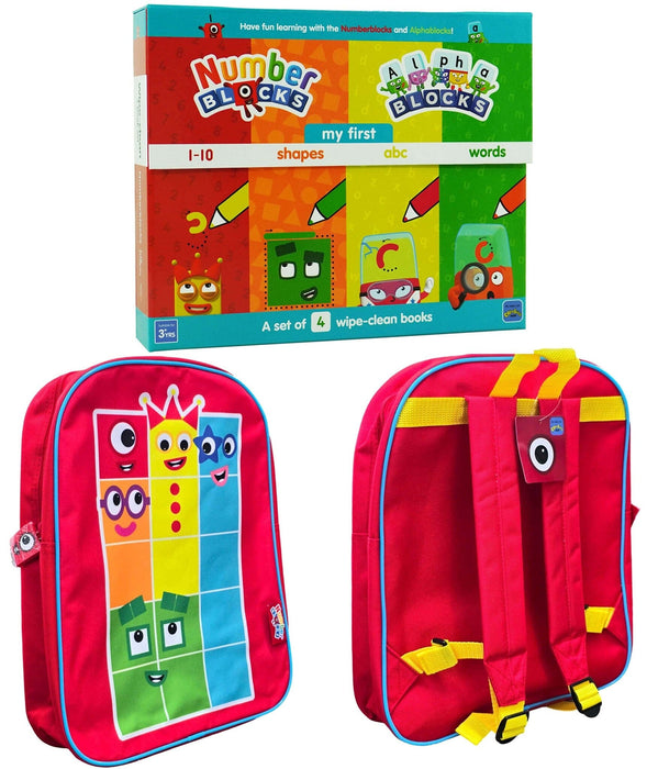 Numberblocks And Alphablocks Wipe Clean 4 Books & Numberblocks Red Backpack Bundle - Ages 1-7 - Paperback 5-7 Sweet Cherry Publishing